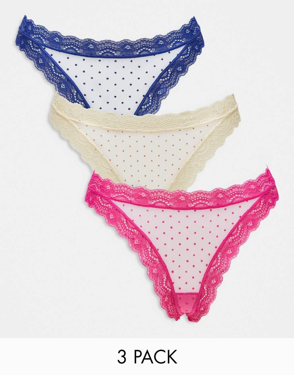 ASOS DESIGN 3 pack flocked spot mesh thongs in pink, blue & pale yellow Product Image