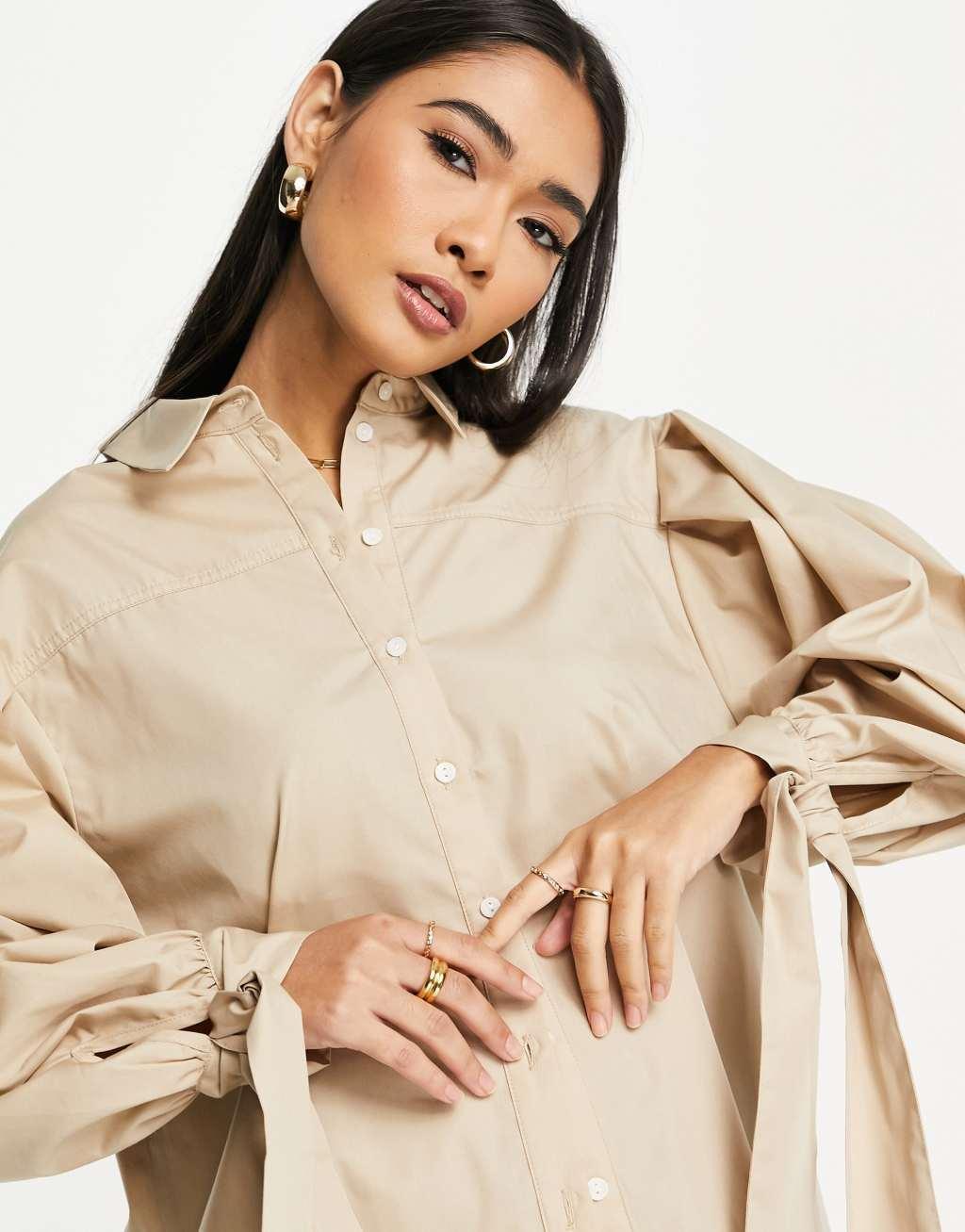 Topshop tie back oversized shirt in camel  Product Image