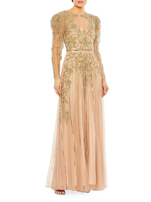 Womens Beaded Illusion Puff-Sleeve Gown Product Image