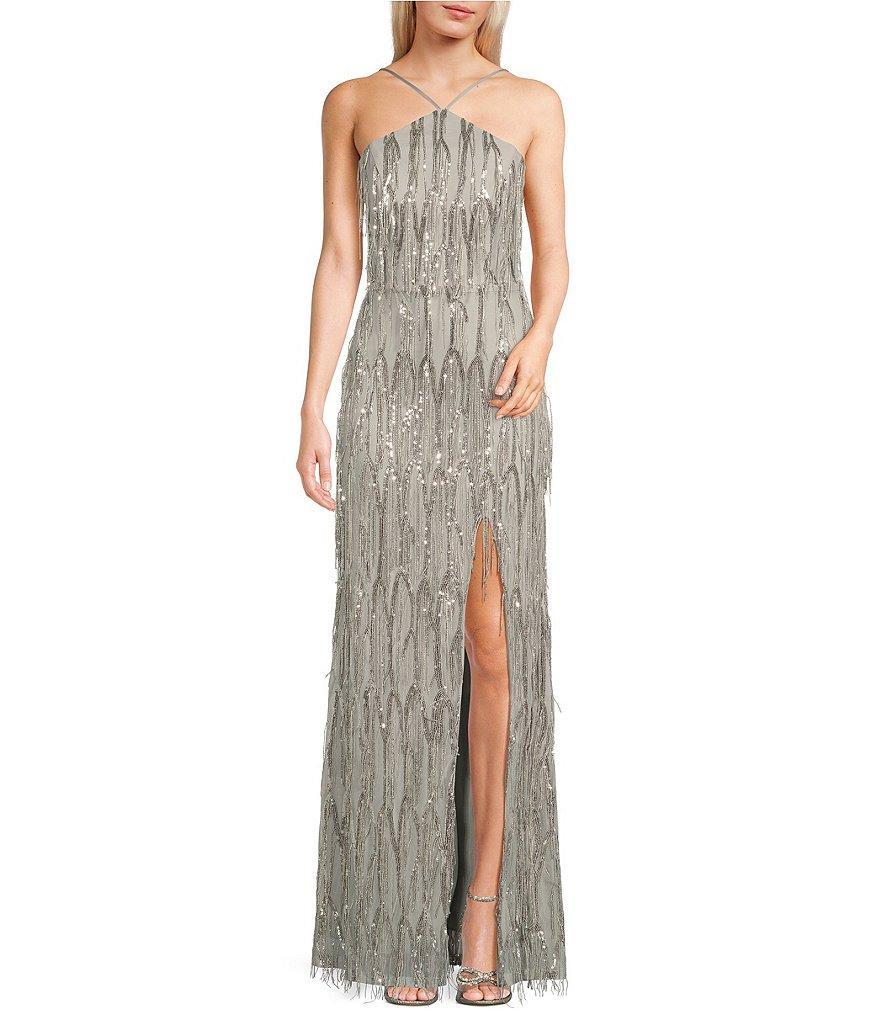 Xtraordinary Sequin Fringe Back Cut-Out Front Slit Long Dress Product Image