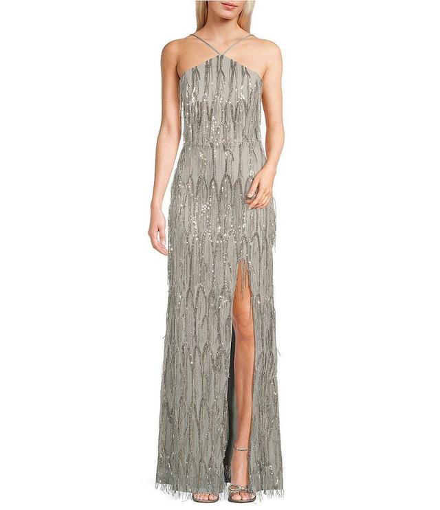 Xtraordinary Sequin Fringe Back Cut-Out Front Slit Long Dress Product Image