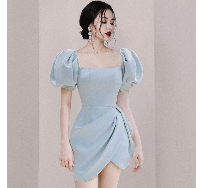 Puff-Sleeve Square Neck Plain Asymmetrical Mini Sheath Dress Product Image