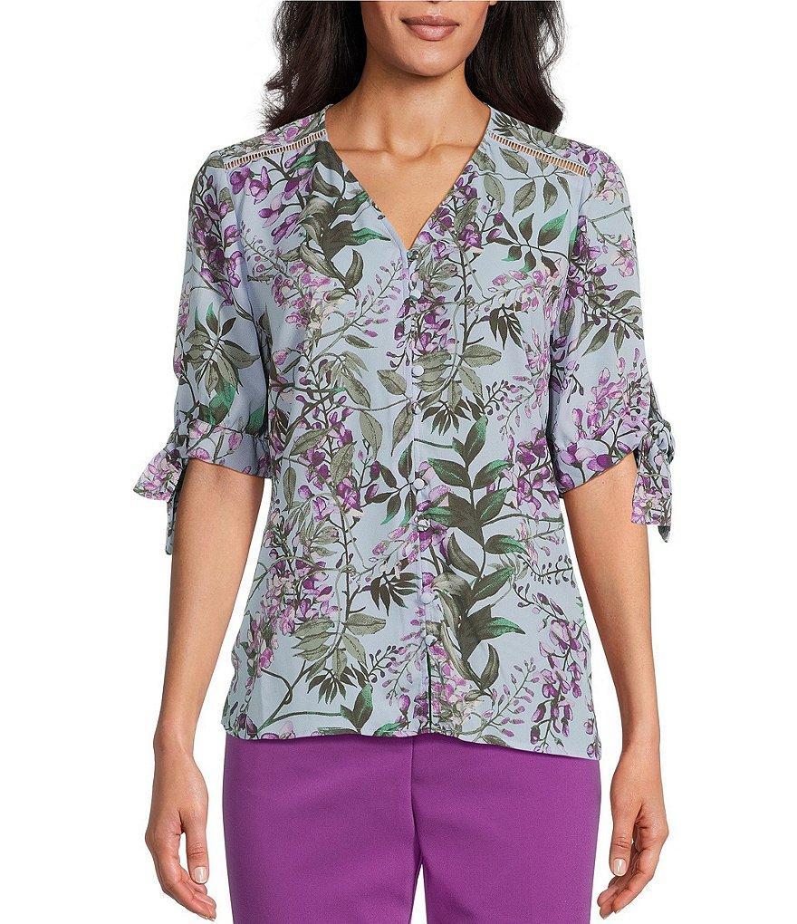 Investments Blue Delphinium Print Woven V-Neck 3/4 Tie Sleeve Top Product Image