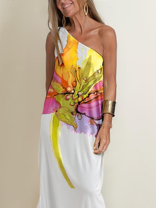 Loose Sleeveless Asymmetric Flower Print One-Shoulder Maxi Dresses Product Image