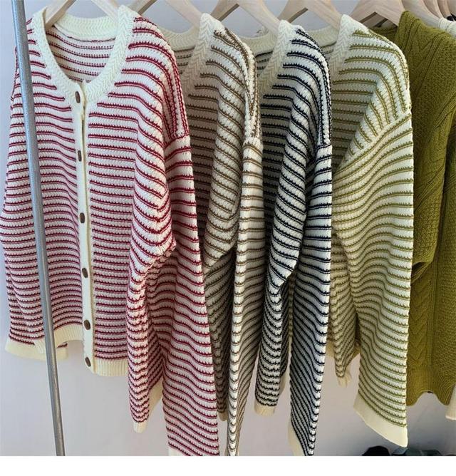 Round Neck Striped Cardigan Product Image