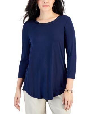 Women's Satin-Trim 3/4 Sleeve Knit Top, Created for Macy's Product Image