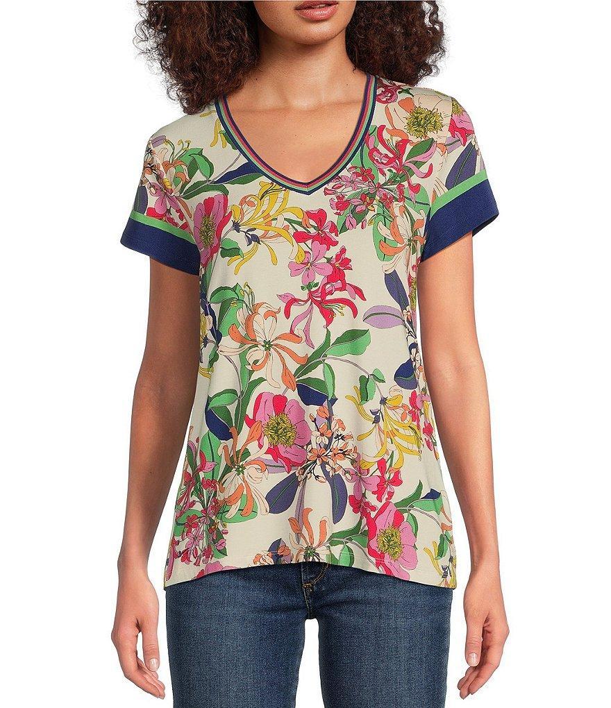 JOHNNY WAS Janie Favorite Aldrich Exotic Floral Print Bamboo Knit Jersey V-Neck Short Sleeve Tee product image