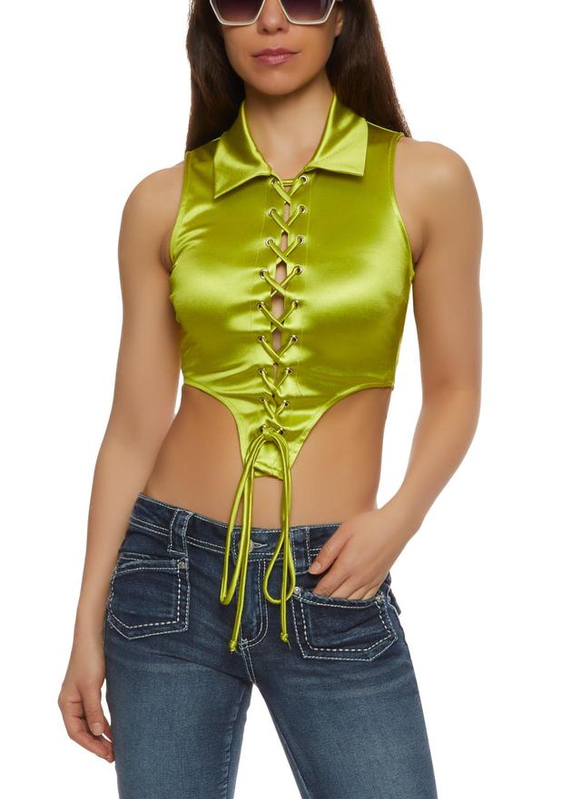 Womens Satin Lace Up Collared Crop Top Product Image