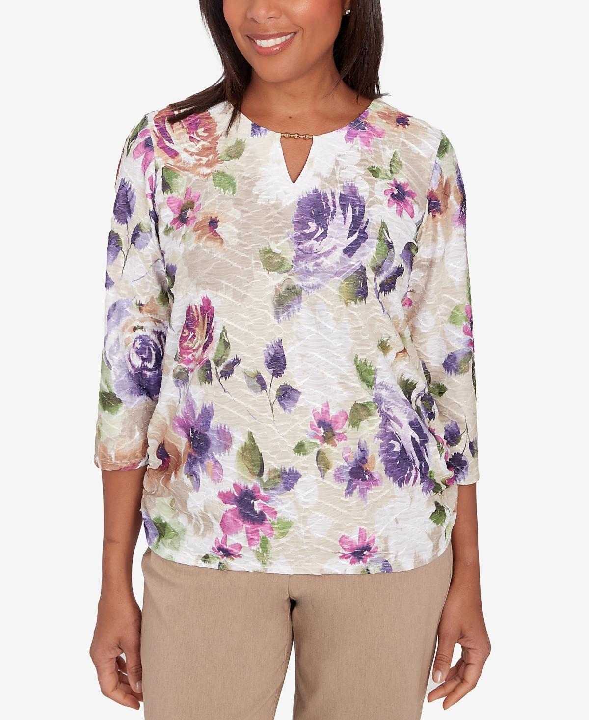 Alfred Dunner Charm School Womens Embellished Keyhole Floral Textured Top Product Image