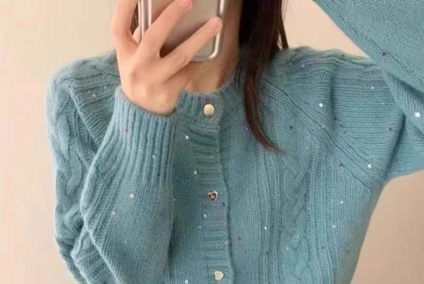 Crew Neck Sequin Cable Knit Button-Up Cardigan Product Image