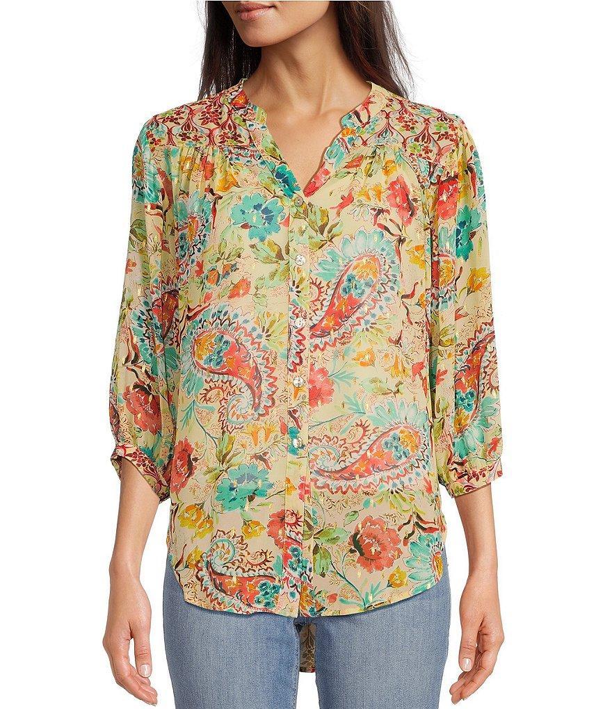 Figueroa & Flower Petite Size Floral Paisley Print Banded Collar 3/4 Sleeve Peasant Blouse Product Image