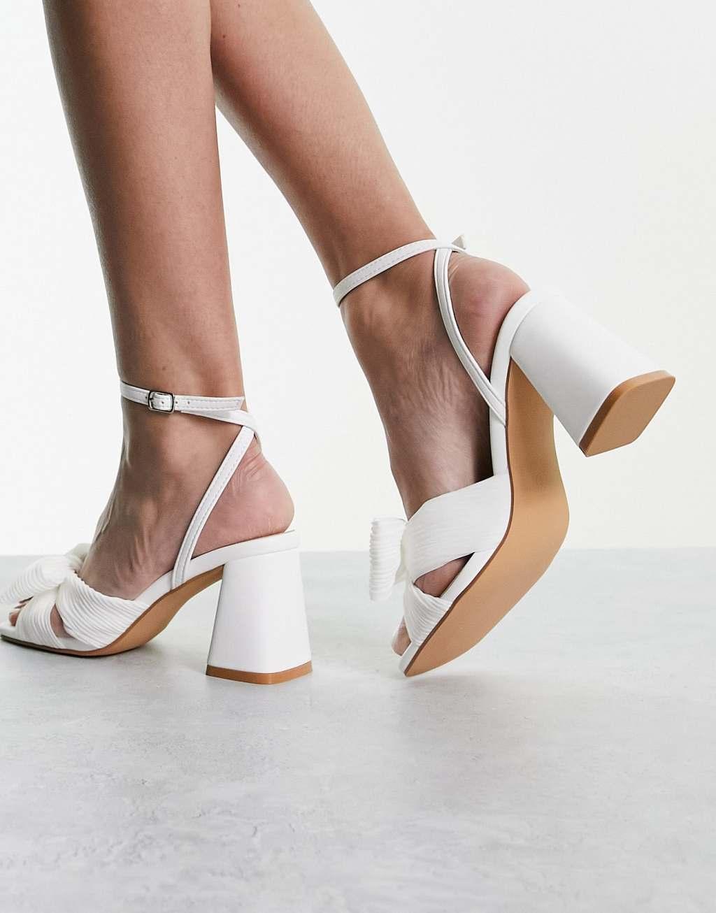 Glamorous Wide Fit mid heel sandals with bow in white Product Image