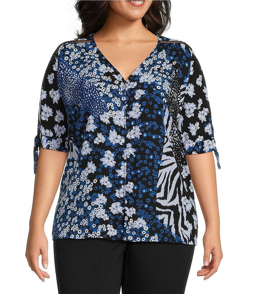 Investments Plus Size Floral Patchwork Print Woven V-Neck 3/4 Tie Sleeve Top Product Image