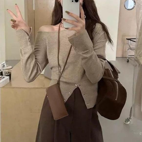 Long-Sleeve Off-Shoulder Plain Buttoned Slit Knit Top Product Image