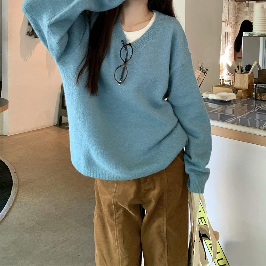 V-Neck Plain Oversized Sweater / Mid Waist Plain Wide Leg Pants Product Image