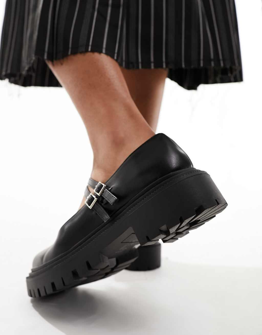 Truffle Collection chunky sole mary jane double strap shoes in black Product Image