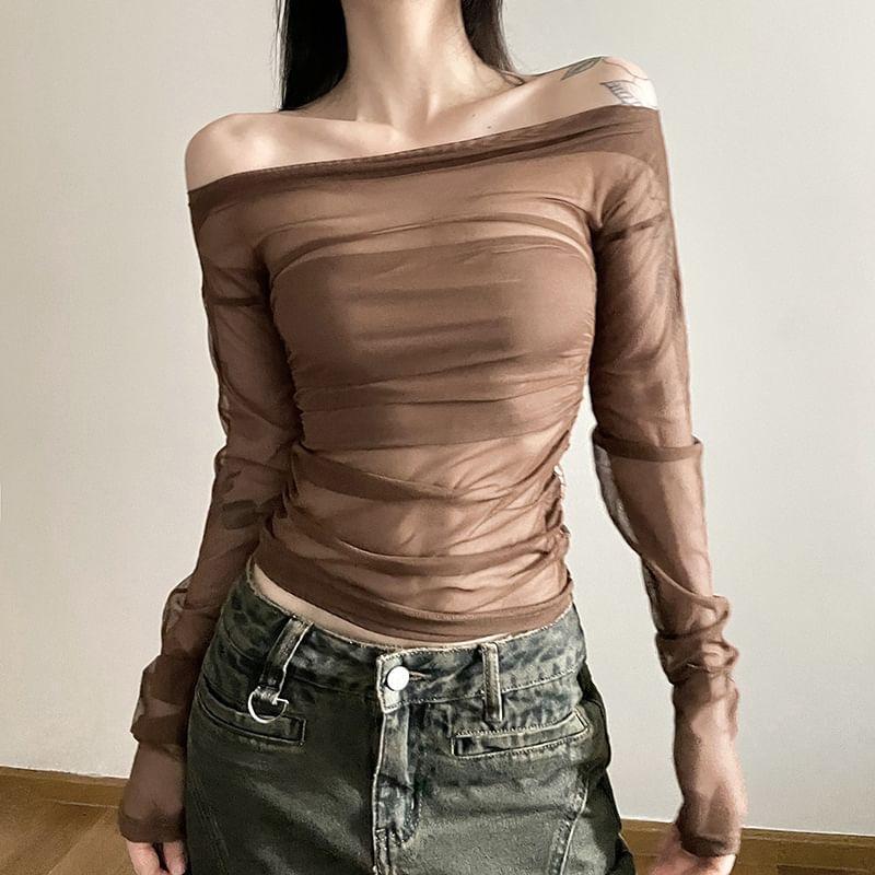 Set: Long-Sleeve Off-Shoulder Plain Mesh Slim Fit Top + Tube Top Product Image