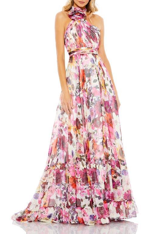 Mac Duggal Floral Halter Neck Rosette Sleeveless Gown Product Image