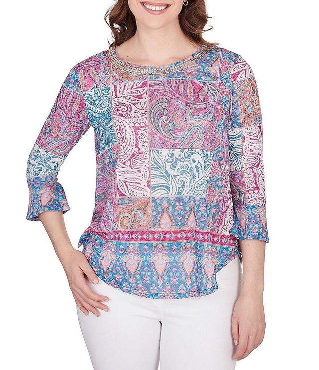 Ruby Rd. Shangri-La Print Knit Embellished Crew Neck 3/4 Bell Sleeve Top Product Image