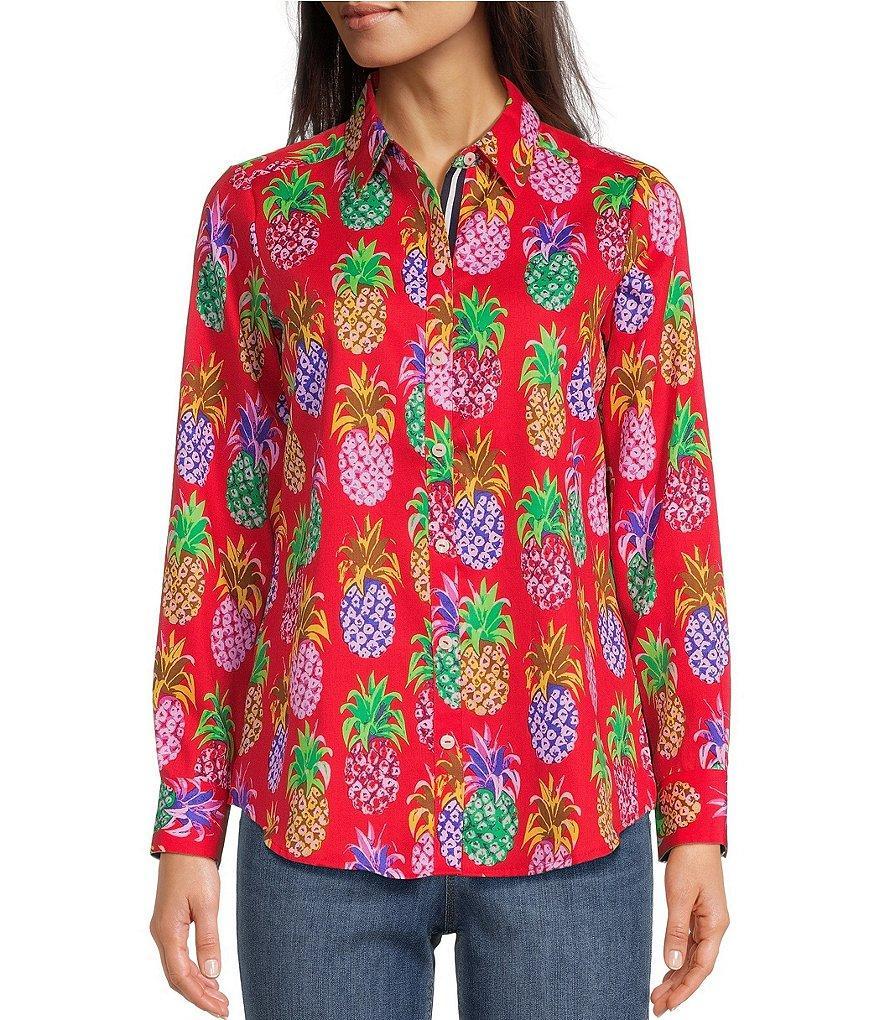 Foxcroft Zoey Pineapple Print Cotton Sateen Point Collar Long Sleeve Button Front Shirt Product Image