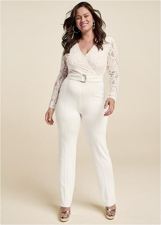 Lace V-Neck Belted Jumpsuit Product Image