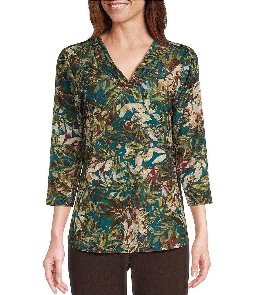 Allison Daley Layered Leaves Print Pleated 3/4 Sleeve V Neck Knit Top Product Image