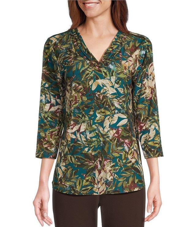 Allison Daley Petite Size Layered Leaves Print Pleated 3/4 Sleeve V-Neck Knit Top Product Image