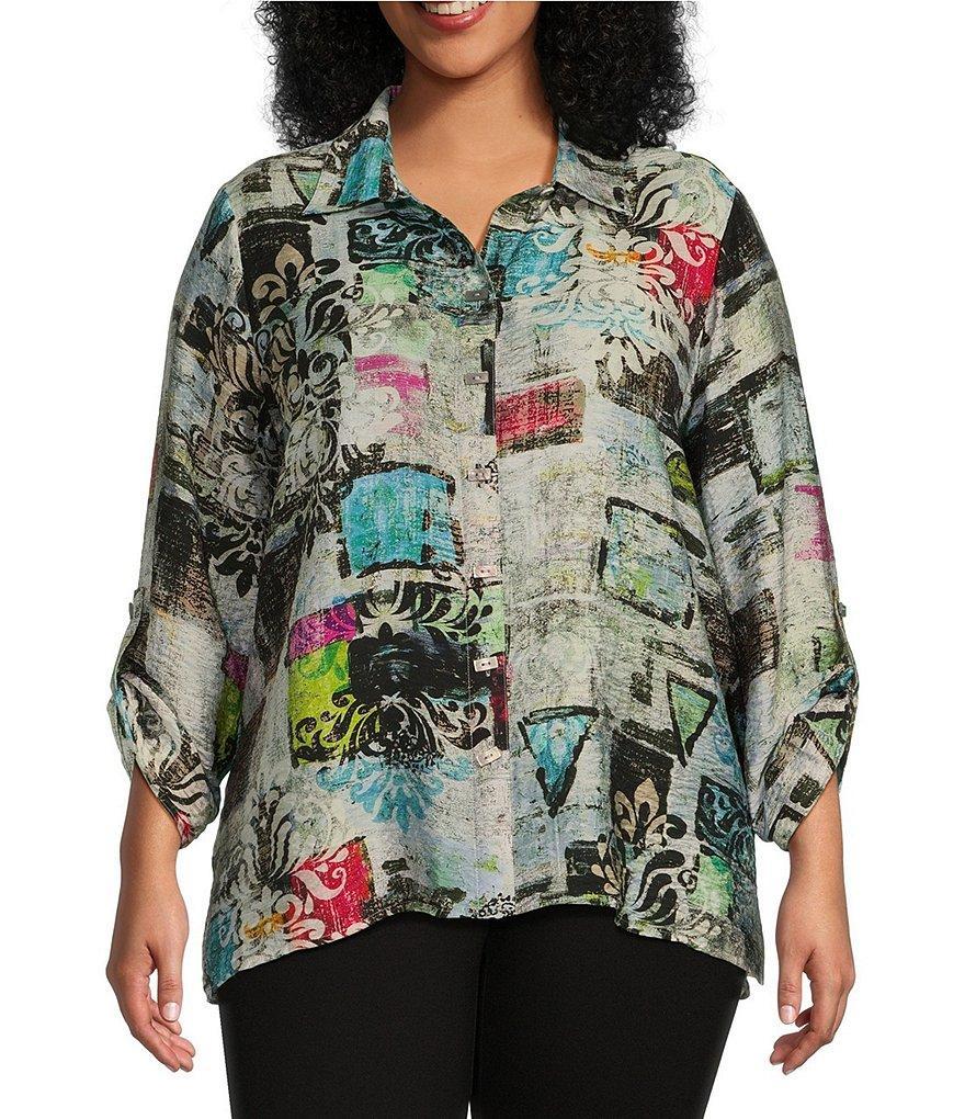 Ali Miles Plus Size Woven Impasto Abstract Print Point Collar 3/4 Roll-Tab Sleeve Hi-Low Hem Button-Front Tunic Product Image