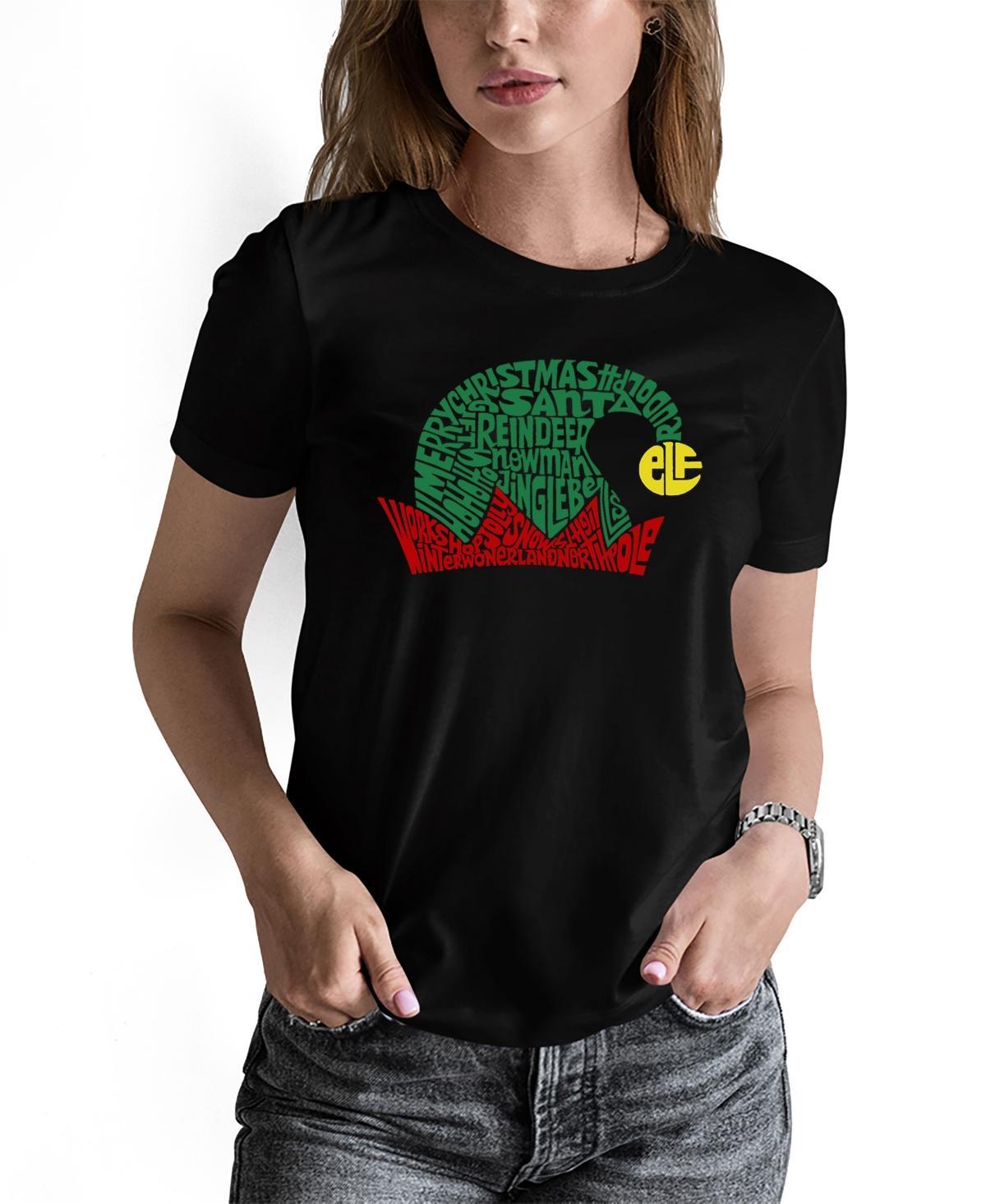 La Pop Art Womens Christmas Elf Hat Word Art Short Sleeve T-shirt Product Image