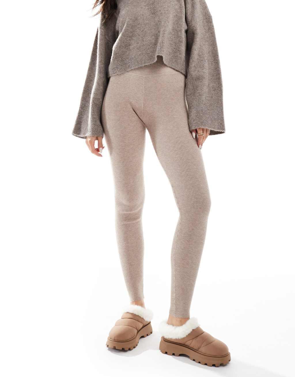 Miss Selfridge ribbed knit cozy leggings in oatmeal Product Image