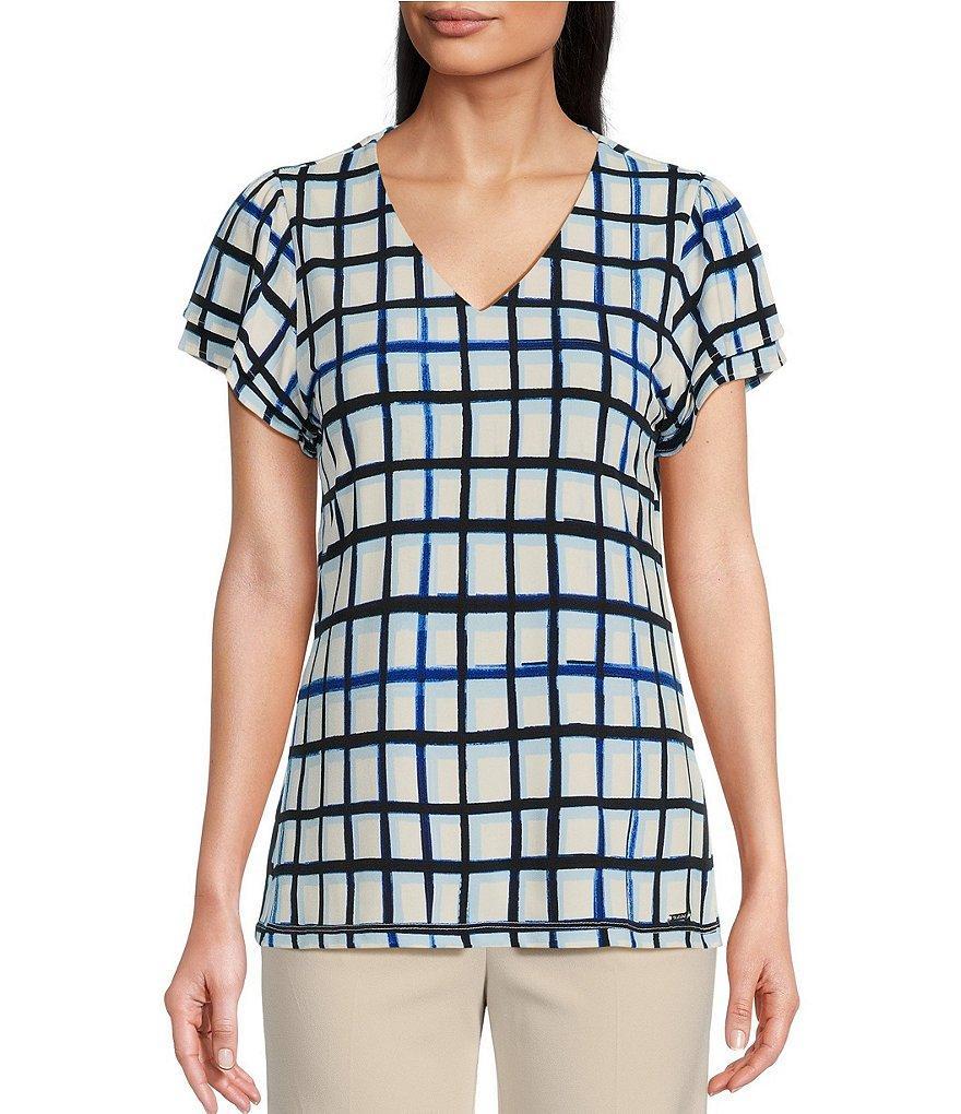 Calvin Klein Petite Size Printed Flutter Sleeve V-Neck Blouse Product Image