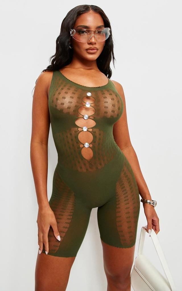 Khaki Sheer Seamless Diamond Trim Unitard Product Image