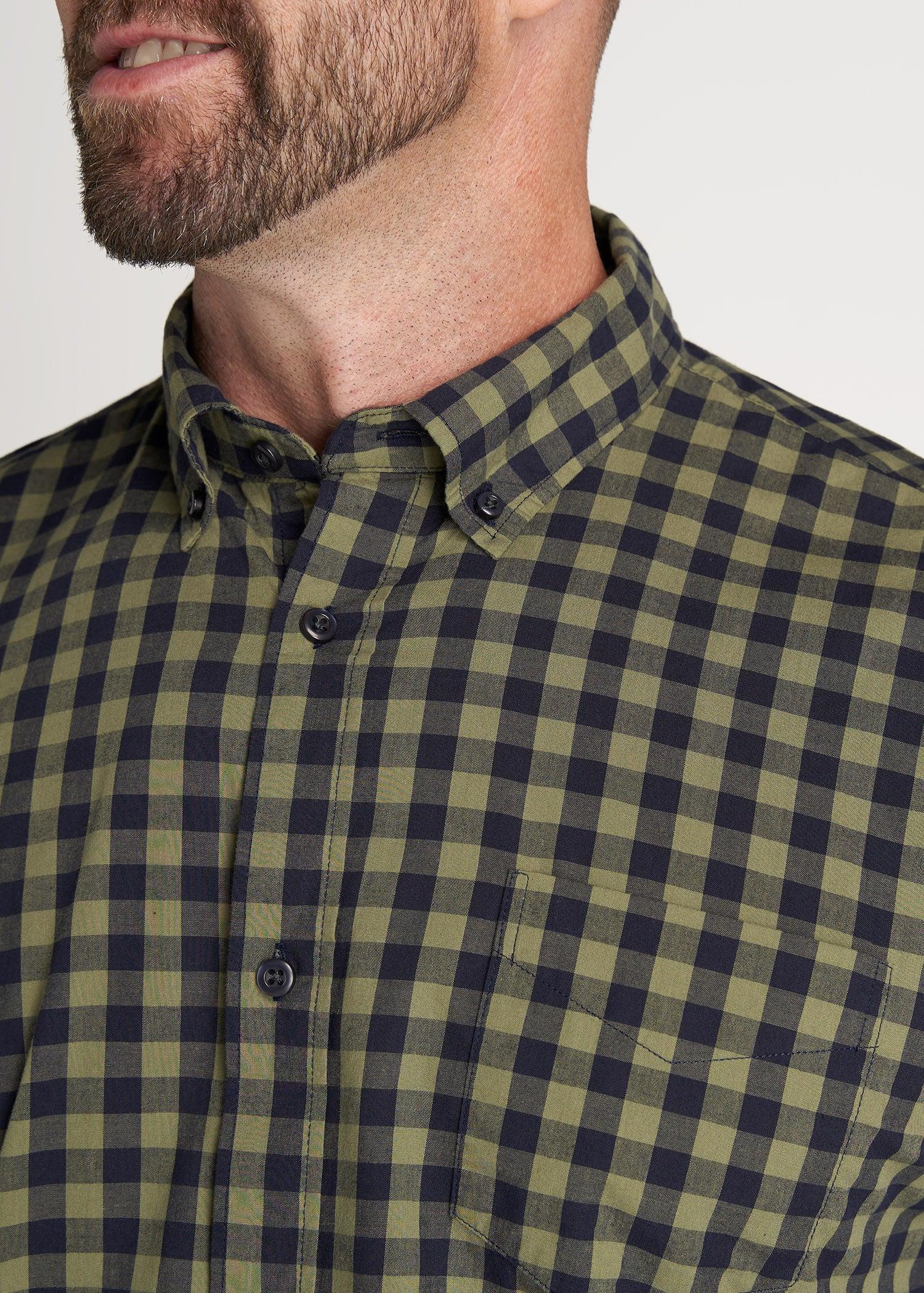 Soft-Wash Button-Up Shirt for Tall Men in Midnight Blue & Olive Green Plaid Male product image