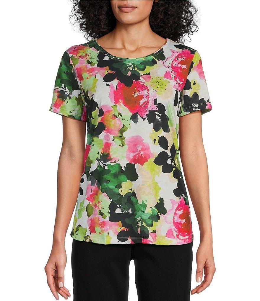 Allison Daley Petite Size Watercolor Rose Print Embellished Short Sleeve Crew Neck Art Tee Shirt Product Image