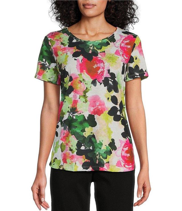 Allison Daley Petite Size Watercolor Rose Print Embellished Short Sleeve Crew Neck Art Tee Shirt Product Image