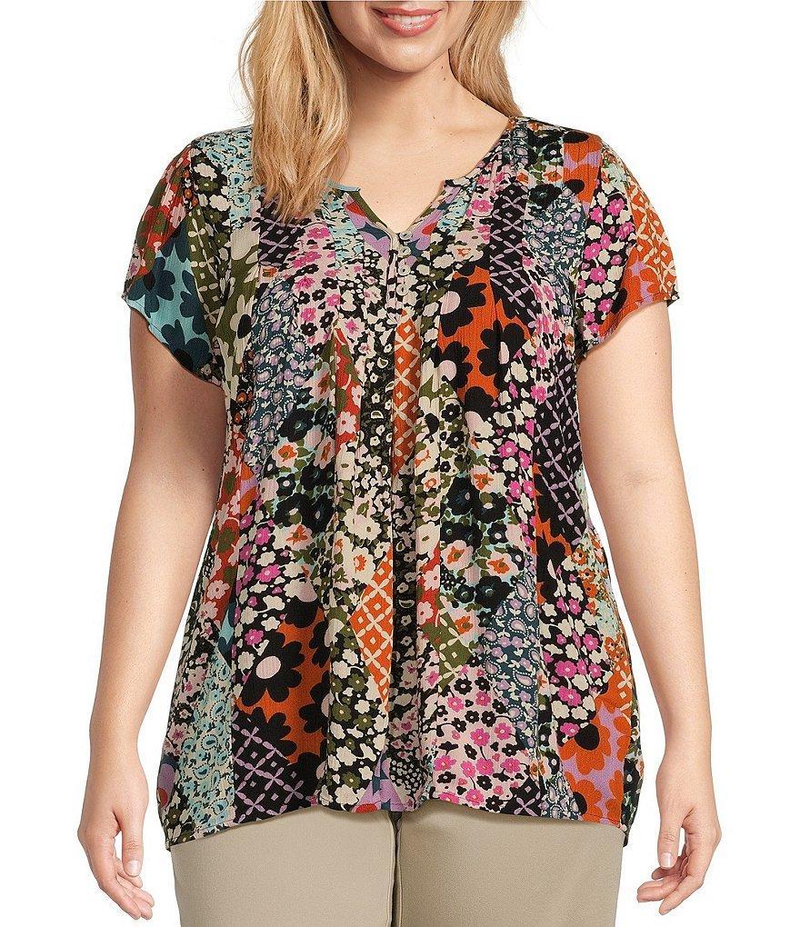 Intro Plus Size Print Crinkle Gauze Split Neck Short Flutter Sleeve Top Product Image