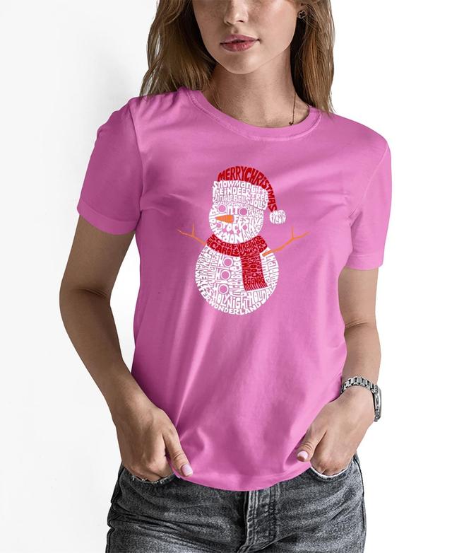 La Pop Art Womens Christmas Snowman Word Art Short Sleeve T-shirt Product Image