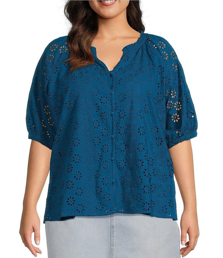 Nurture By Westbound Plus Size Eyelet Short Puff Sleeves Ruffle Split V-Neck Button Front Top Product Image