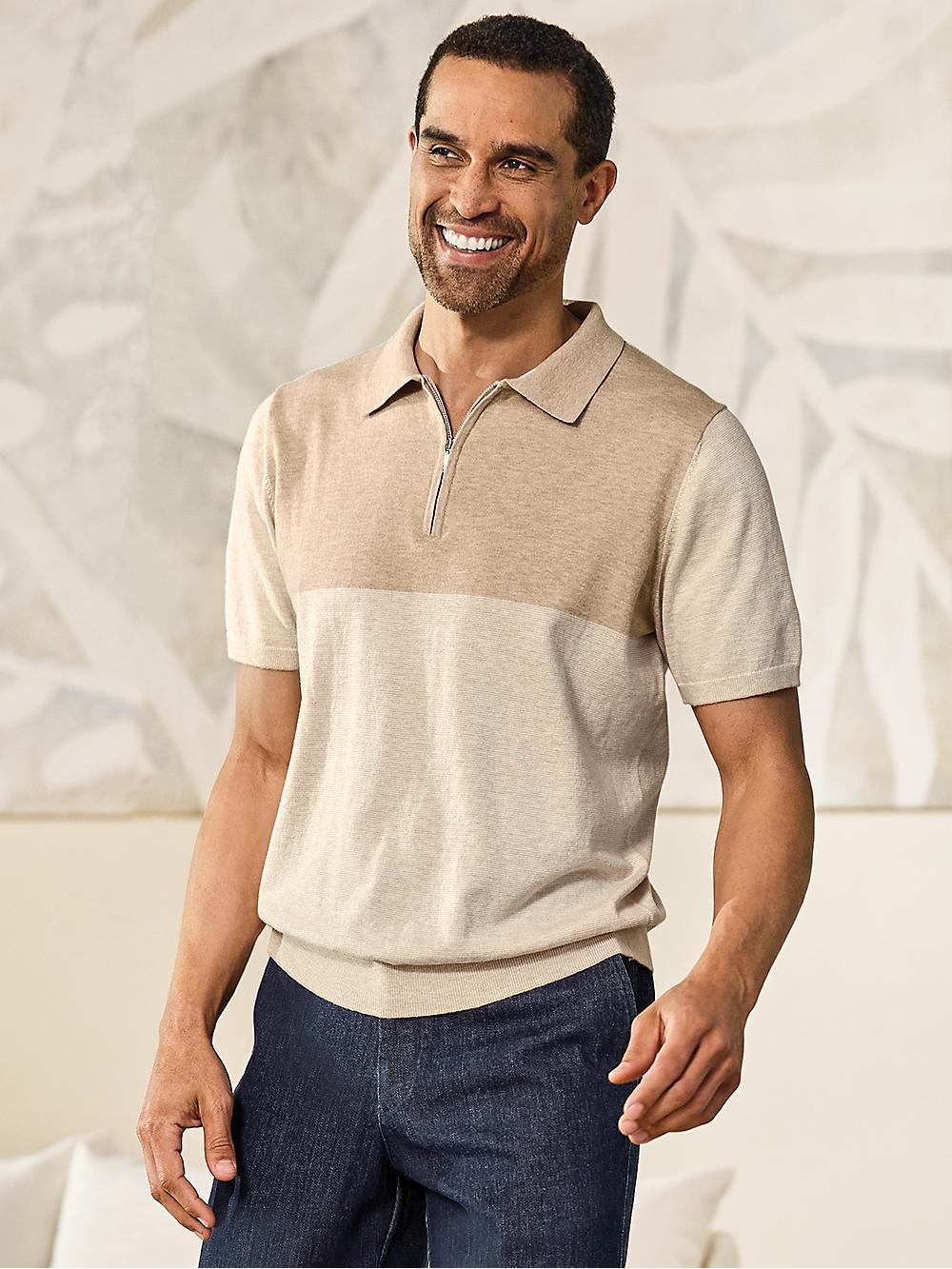 Cotton Blend Quarter Zip Polo - Tan Product Image