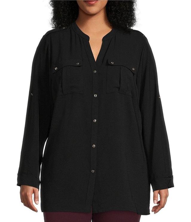 Calvin Klein Plus Size Textured Woven Split V-Neck Long Roll-Tab Sleeve Button Front Top Product Image