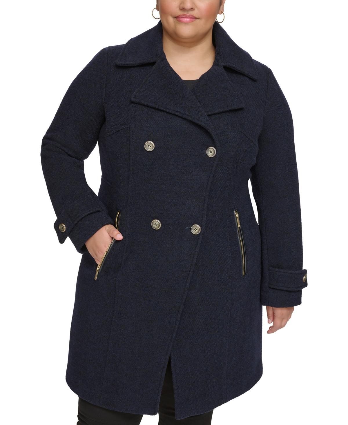 Guess Womens Plus Size Notched-Collar Double-Breasted Cutaway Coat Product Image