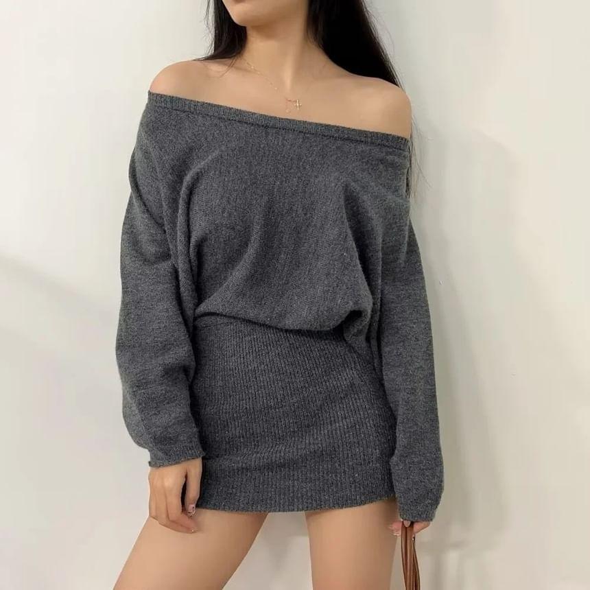 Off Shoulder Plain Mini Sweater Dress Product Image