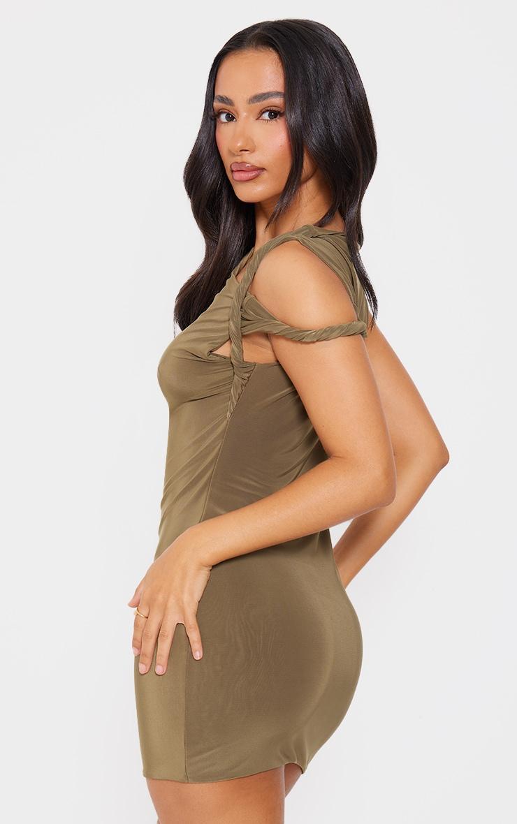 Petite Olive Slinky Twist Shoulder Bodycon Dress Product Image