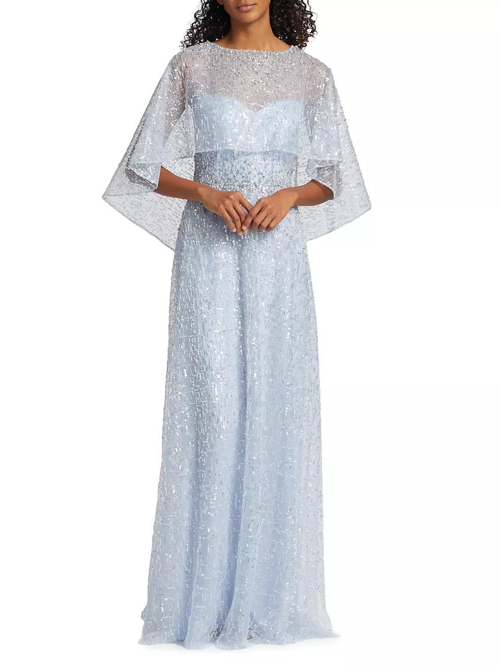 Beaded Tulle & Lace Capelet Gown Product Image