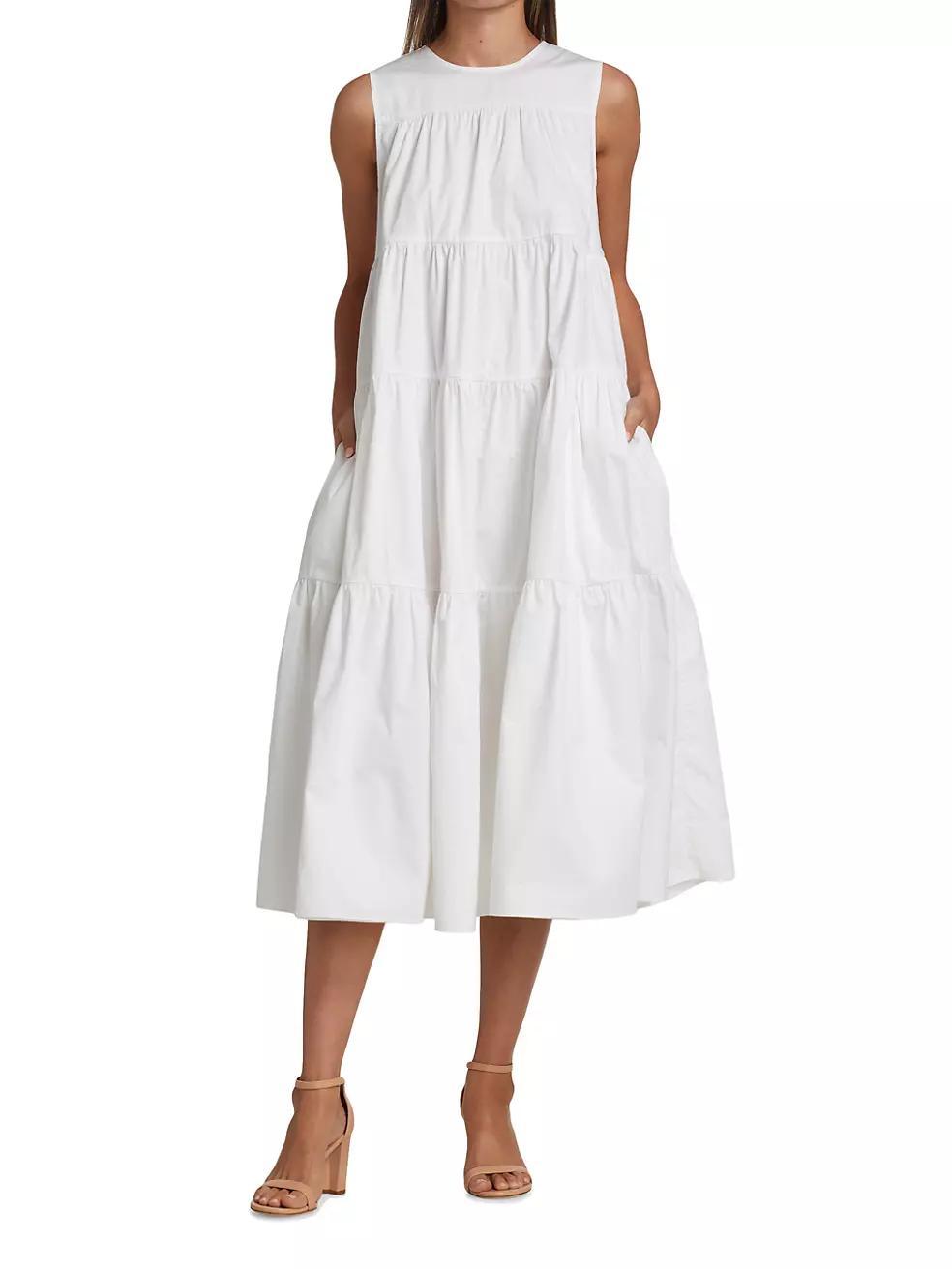 Essentials Sleeveless Tiered Poplin Midi Dress Product Image