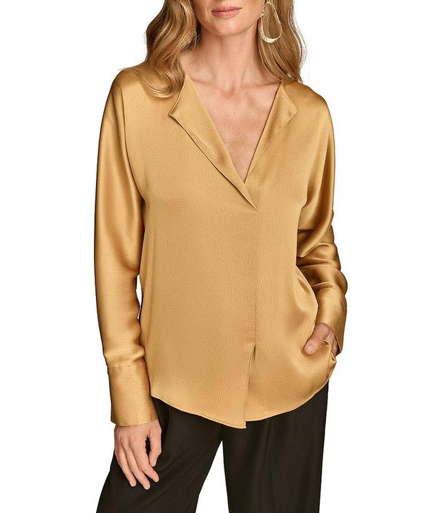 Donna Karan Hammered Satin V-Neck Long Sleeve Popover Blouse Product Image