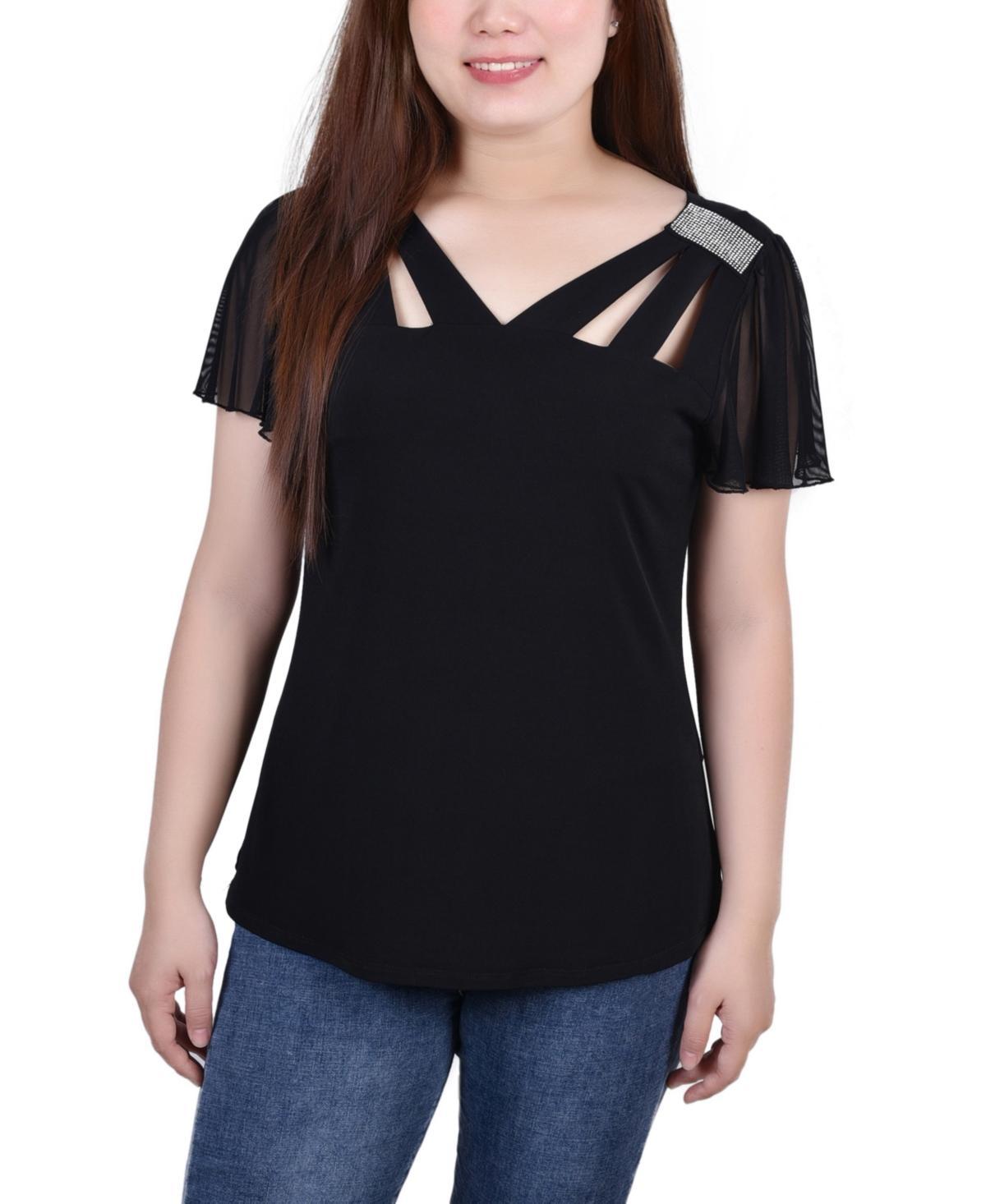 Womens Short Flutter Sleeve Top with Cutouts and Stones Product Image