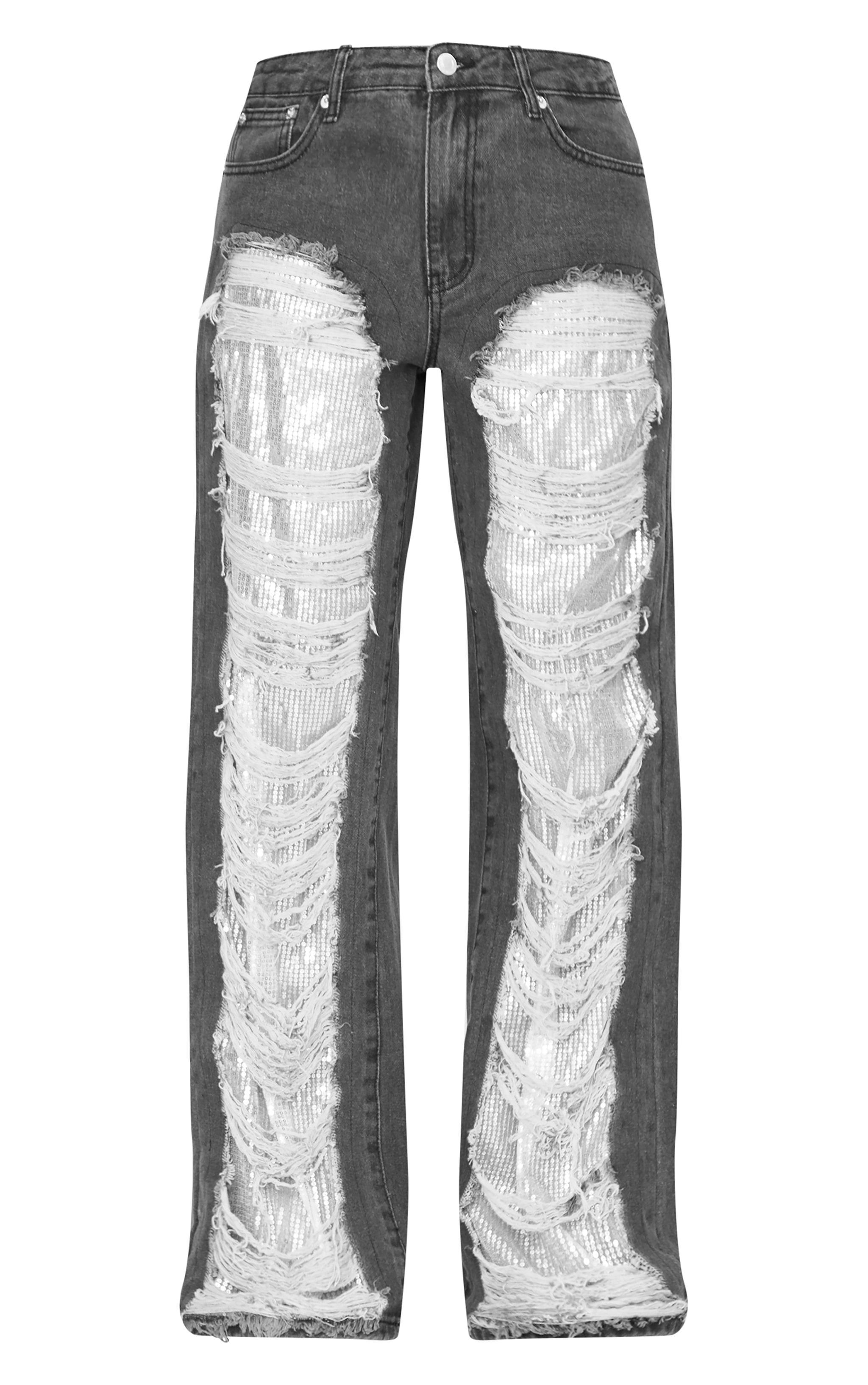 Washed Black Extreme Distressed Sequin Panel Straight Leg Jeans Product Image