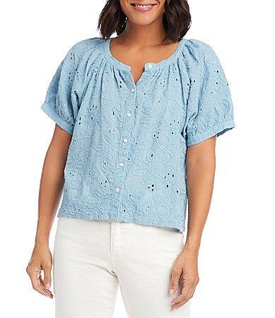 Karen Kane Eyelet Lace Short Puffed Sleeve Button Front Peasant Top Product Image