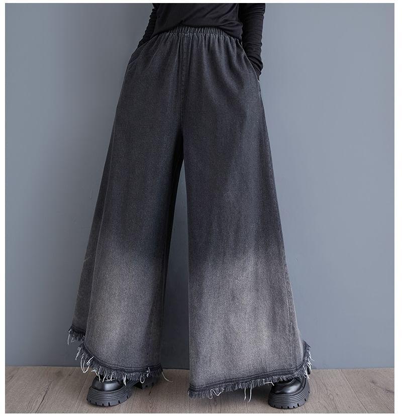 Elastic Waist Gradient Washed Frayed Wide Leg Jeans Product Image